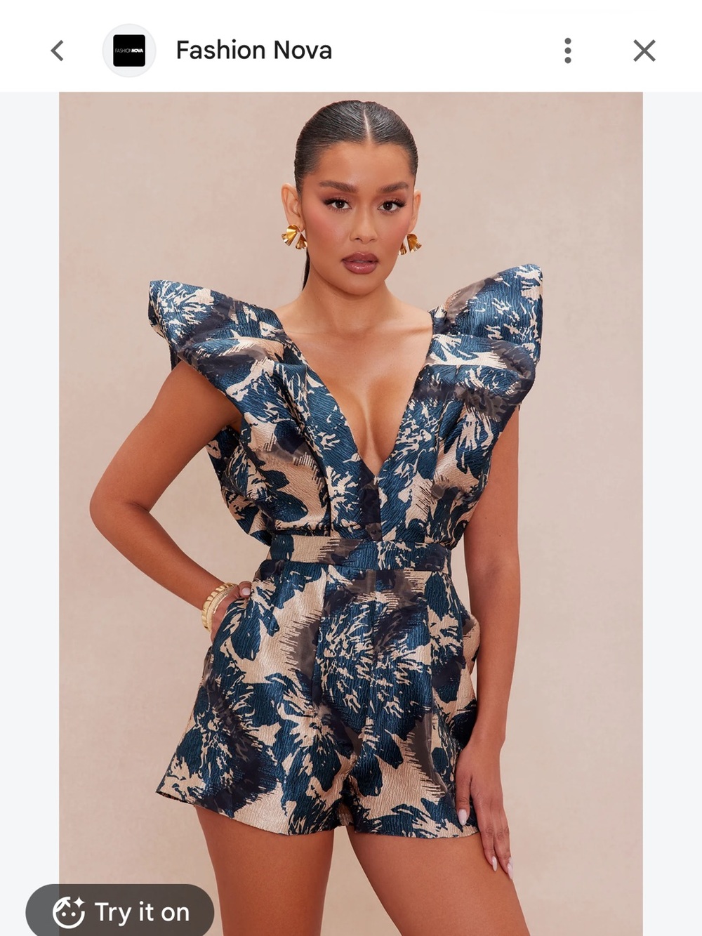 Fashion Nova Blue and Gold Floral Jacquard Romper